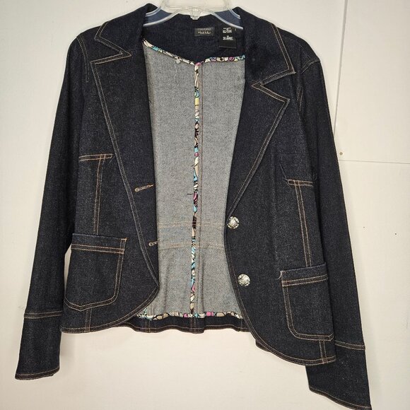 Woman's Nicole Miller Dark Wash utilitarian minimalist structured denim jacket - Picture 2 of 12